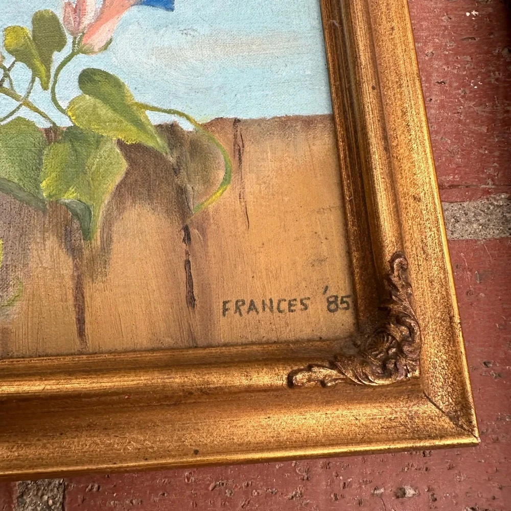 Gold-Framed Floral Oil Paintings - Pink & Blue Blooms Frances 1985 - Picture 3 of 4